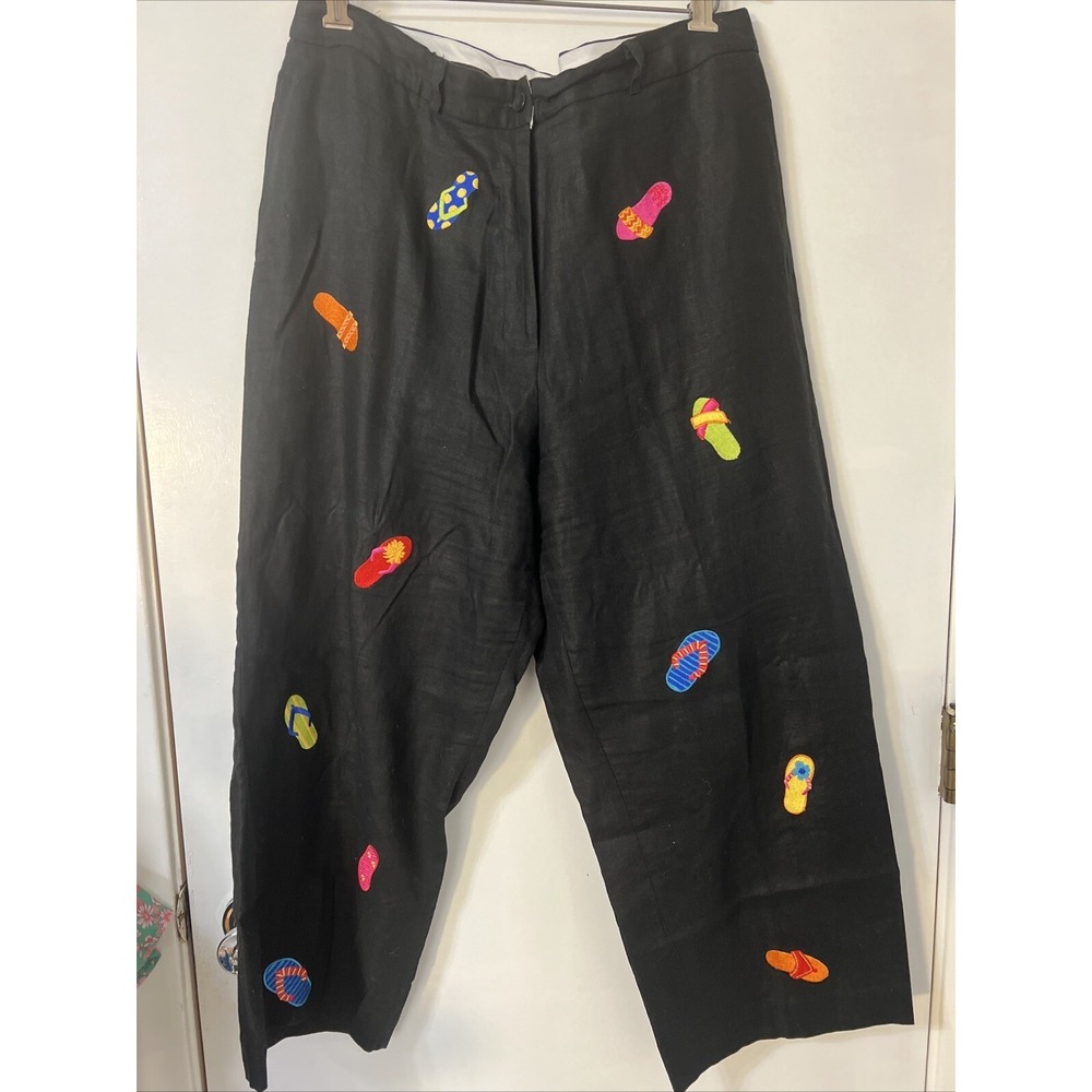 Deane And White Linen Pants Black With‎ Embroidered Flip Flops Beach Sand Sz 16